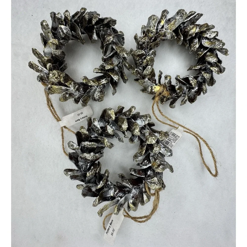 Vintage Pottery Barn Mini Pinecone Wreath Ornaments Set of 3 Gold Glitter
